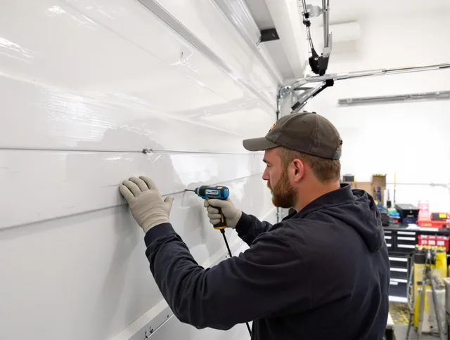 Shelton Garage Door Repair technician demonstrating precision dent removal techniques on a Shelton garage door