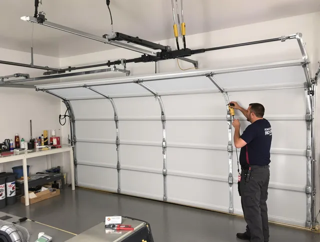 Shelton Garage Door Repair certified technician performing overhead door system repair in Shelton