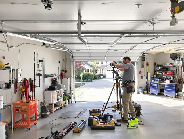 Shelton Garage Door Repair specialist performing laser-guided track alignment in Shelton
